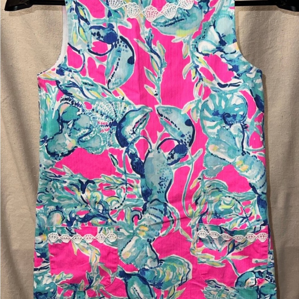 Lilly Pulitzer Vibrant Pink and Blue Lobsters in Love dress